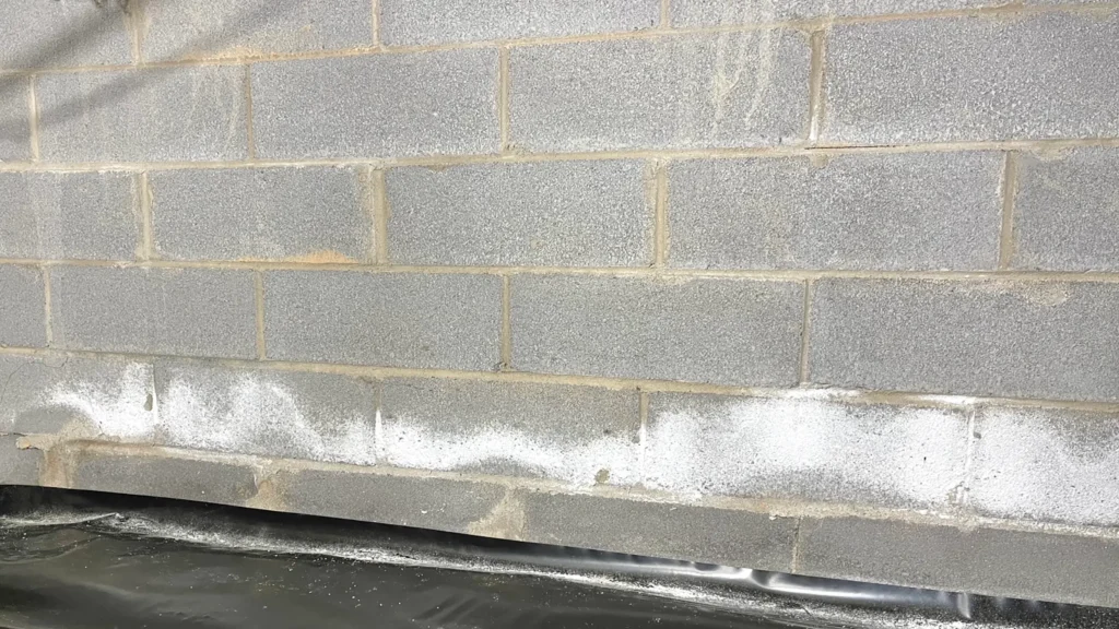 Cement block inside wall with efflorescence