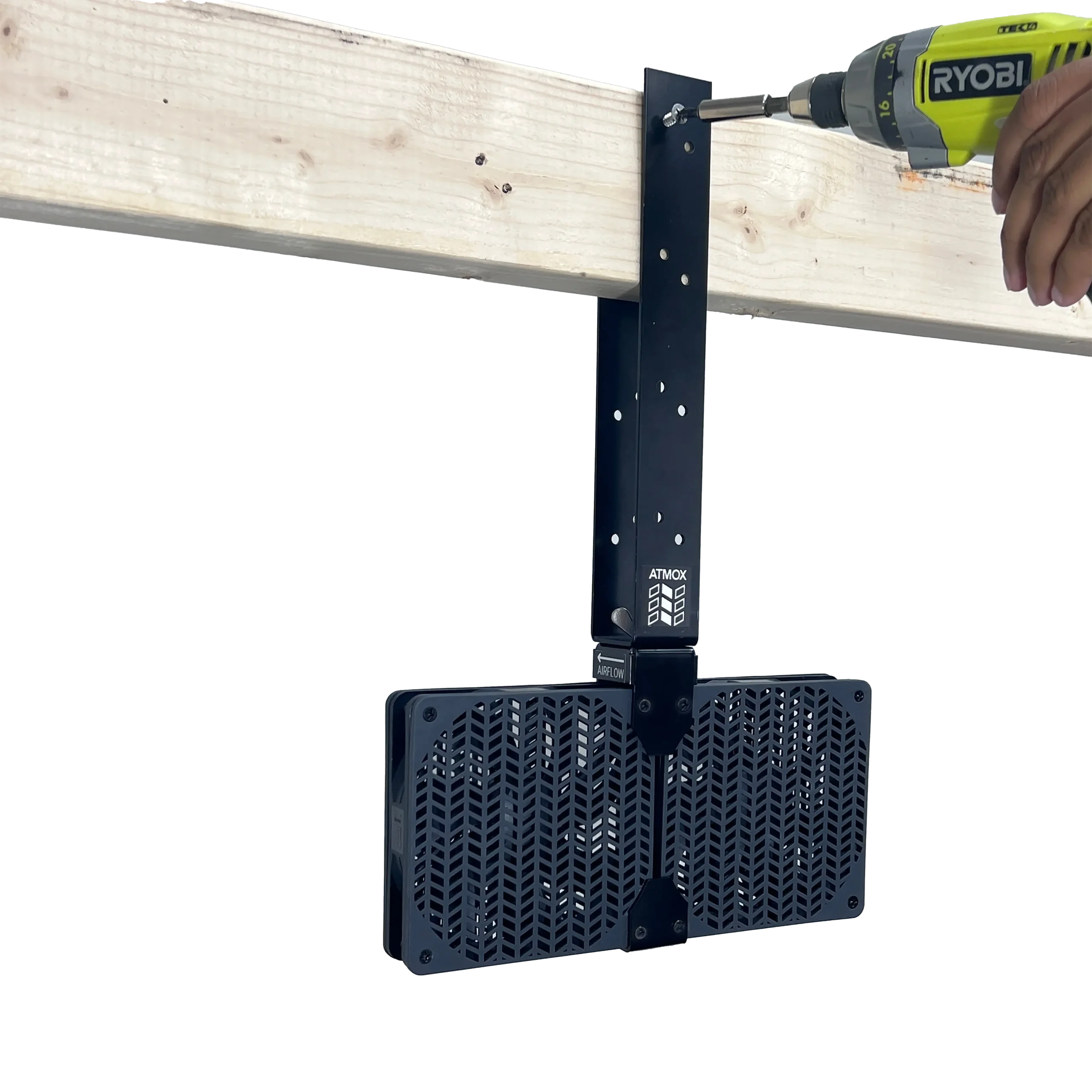 ATMOX Internal Crawl Space Fan being installed on a joist