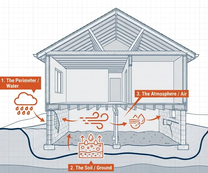 Graphic describing steps to crawl space moisture management